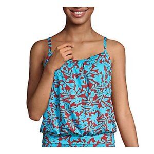 Lands' End Tankini Swim Top Size 22W Blue Brown Built In Bra Adjustable Straps